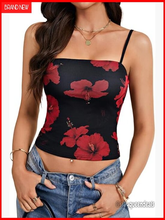 Tops - Floral Mesh Sleeveless Spaghetti Strap Y2K Going Out Crop Top Cami